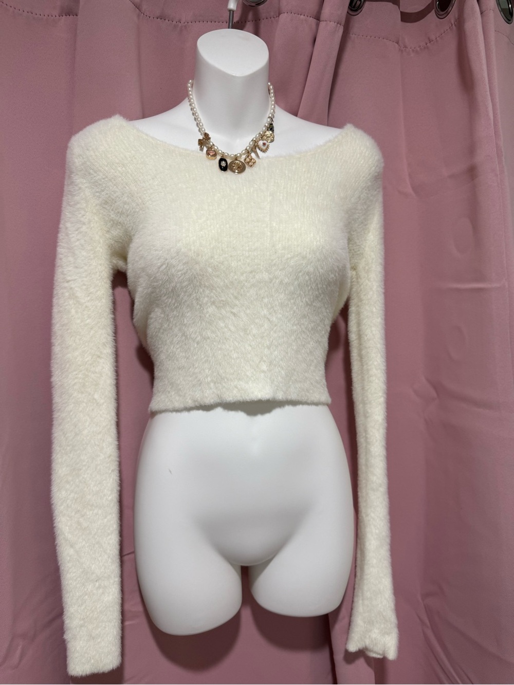 Aeropostale Cream Off-the-Shoulder Fuzzy Cropped Sweater